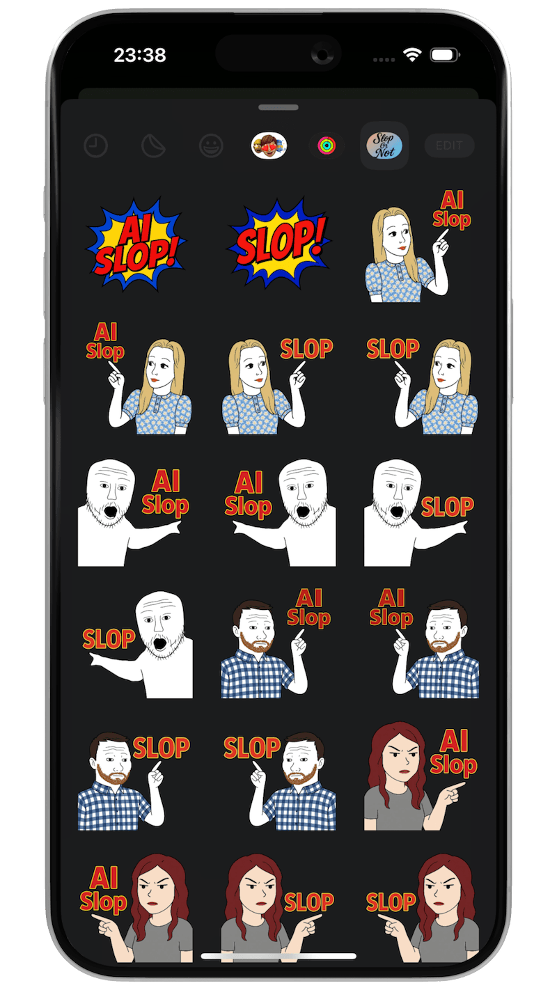 AI Slop iMessage Sticker Pack from Slop Or Not, featuring various meme characters pointing at "AI Slop" and "Slop!" text