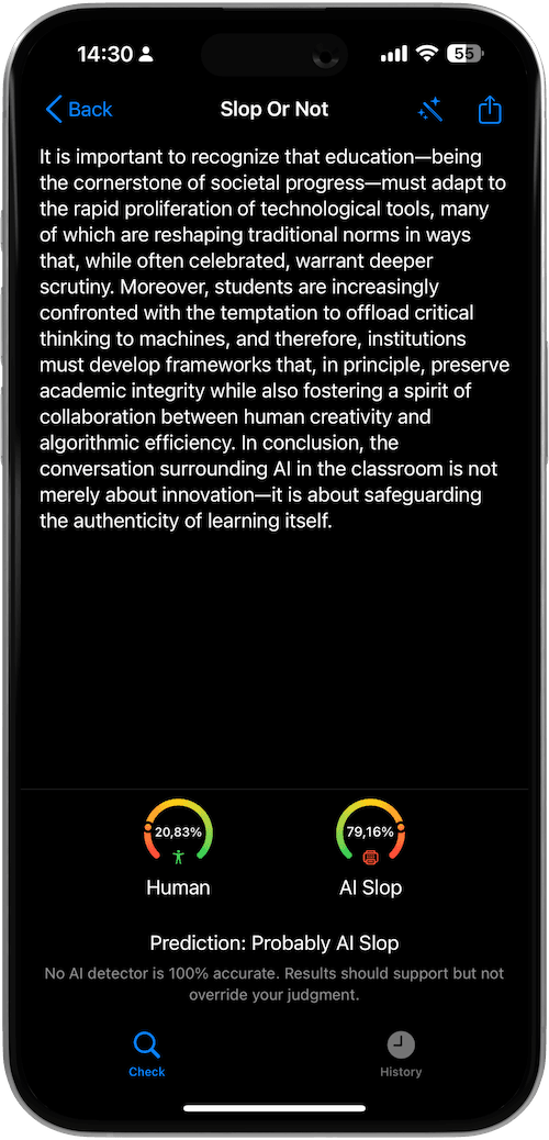 Slop Or Not AI essay detector showing 79.16 percent likelihood of AI-generated text with prediction "Probably AI Slop" on iPhone.