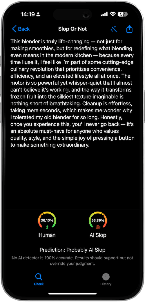 Screenshot of Slop Or Not app detecting an AI-generated Amazon blender review, showing 63.89% AI slop probability.