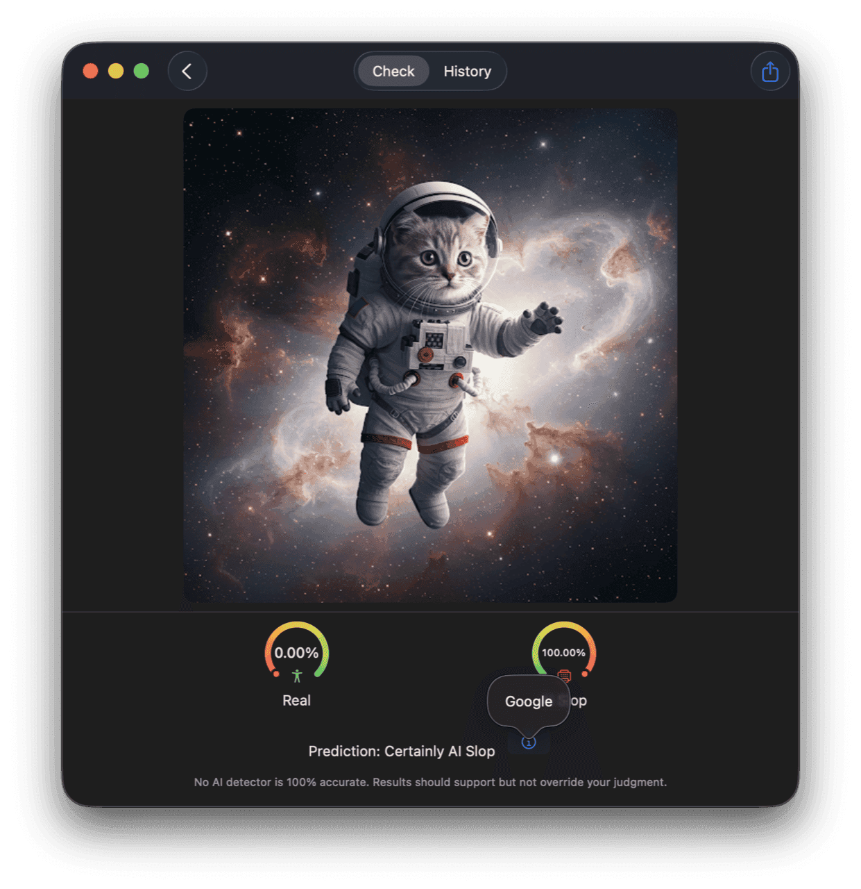 Slop Or Not for Mac flagging an AI-generated cat astronaut image as Certainly AI Slop with a Google source badge