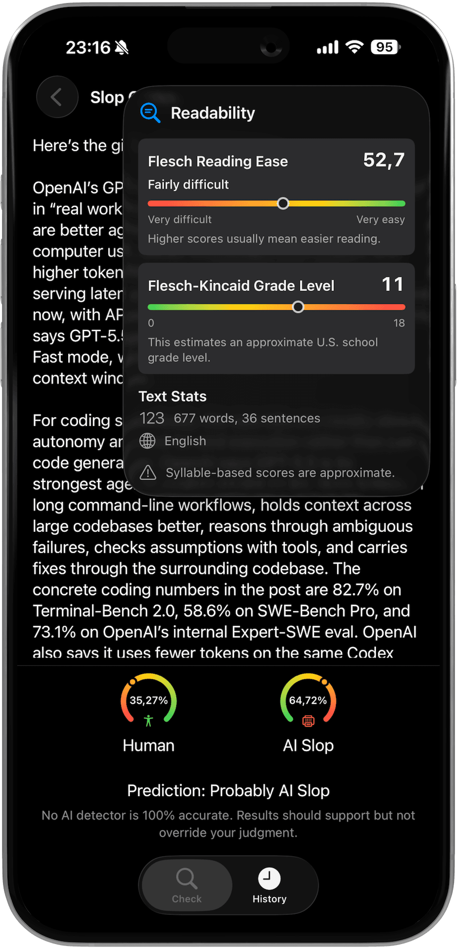 Readability popover on iPhone showing Flesch Reading Ease, Flesch-Kincaid Grade Level, and word stats