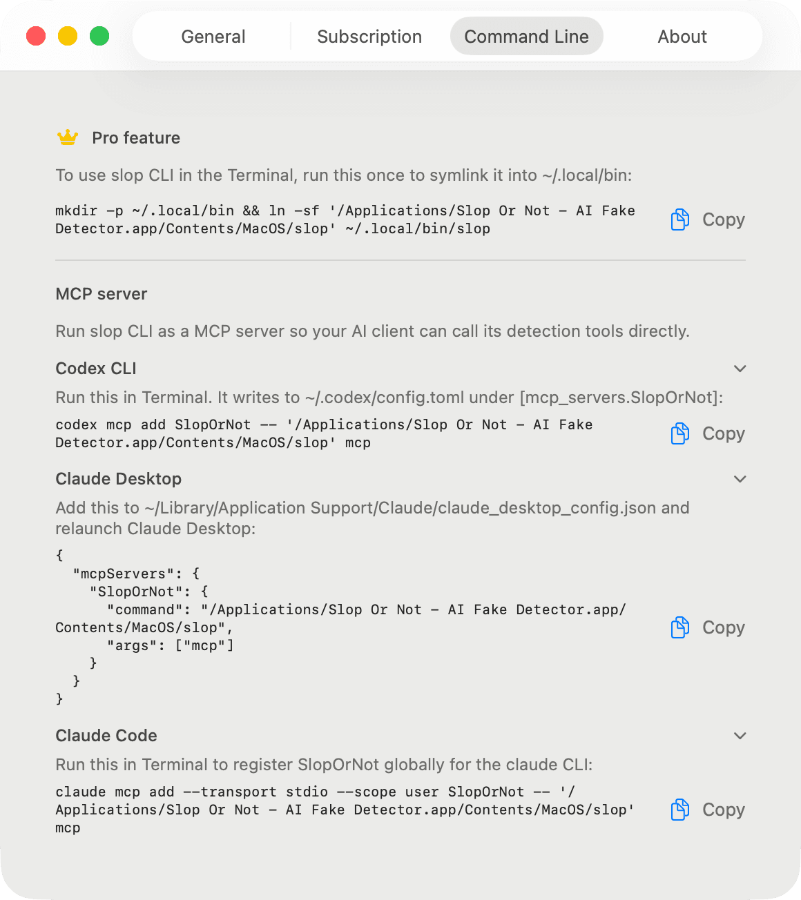 Slop or Not Einrichtungsbildschirm für die Befehlszeile auf Mac
