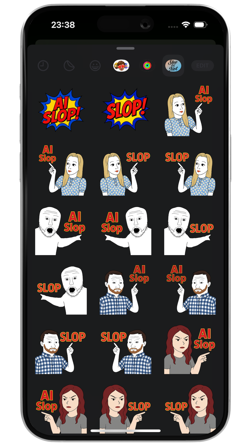 AI Slop iMessage Sticker Pack from Slop Or Not, featuring various meme characters pointing at "AI Slop" and "Slop!" text