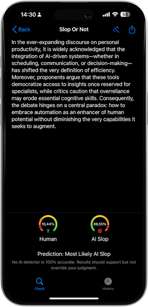 Screenshot of Slop Or Not analyzing a student essay and returning a high-confidence AI-generated verdict on iPhone.