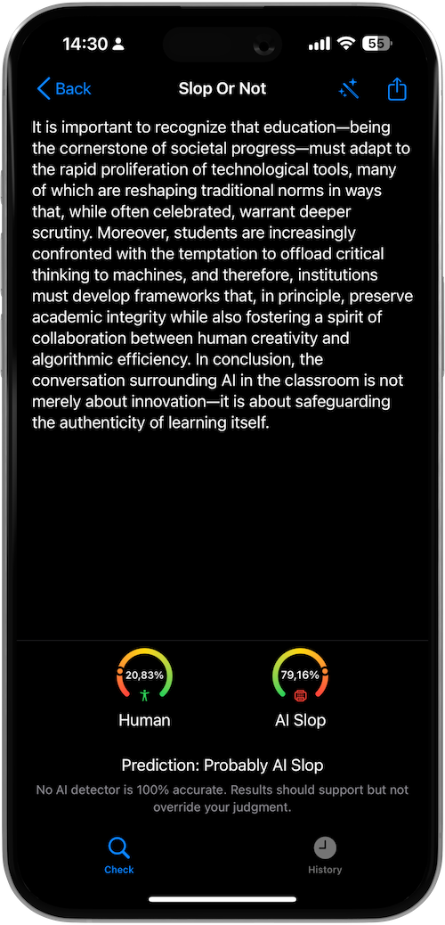 Screenshot of Slop Or Not returning a moderate-confidence AI verdict on a partially human, partially AI essay on iPhone.