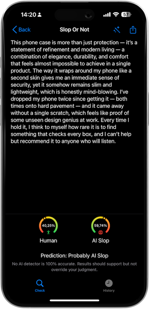 Screenshot of Slop Or Not app detecting an AI-generated Amazon product review about a phone case, showing 59.74% AI slop probability.