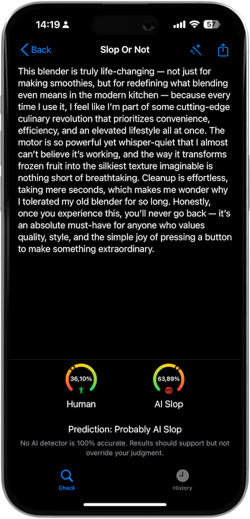 Screenshot of Slop Or Not app detecting an AI-generated Amazon blender review, showing 63.89% AI slop probability.