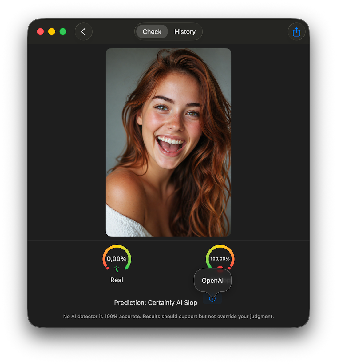 Slop or Not for Mac flagging an AI-generated portrait with an OpenAI source badge
