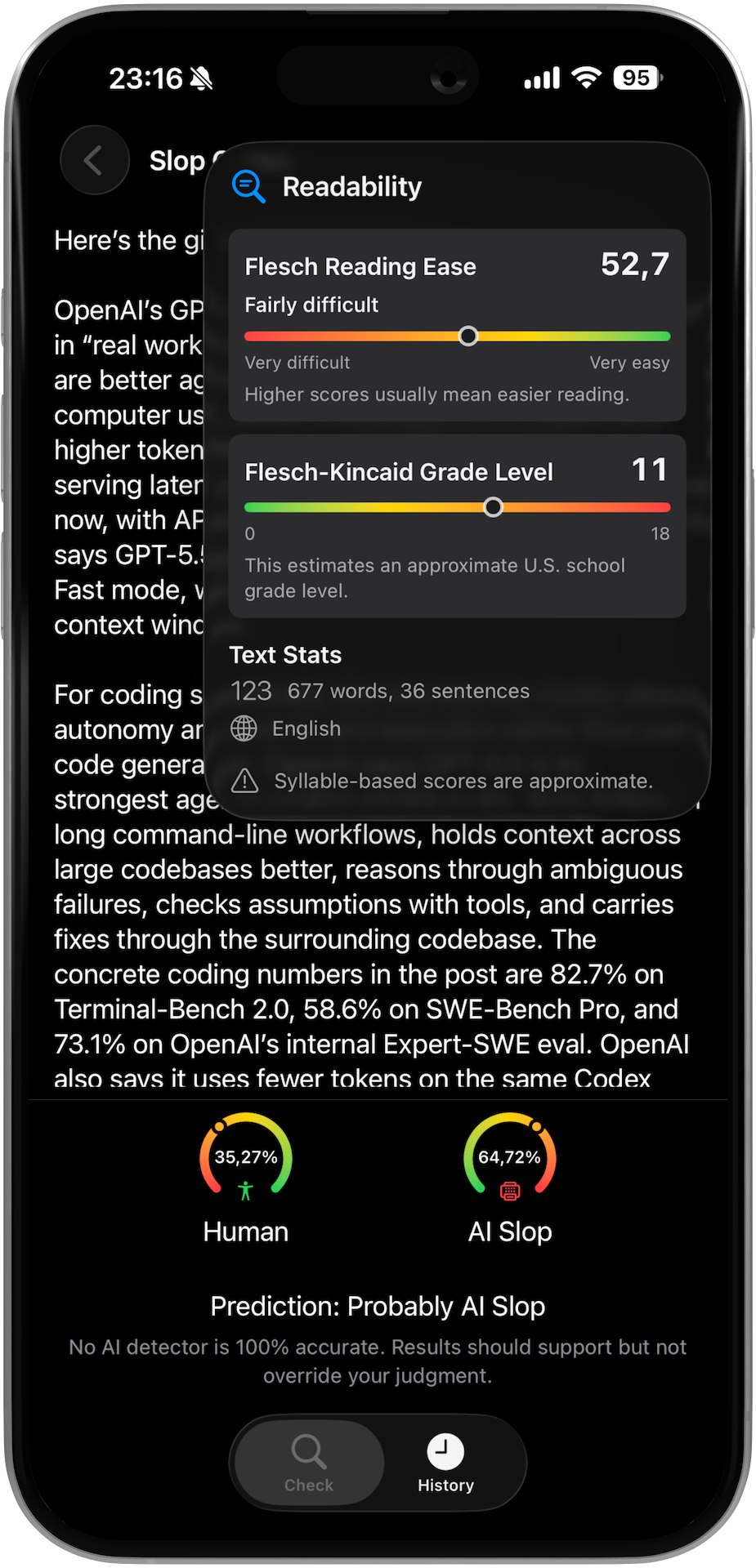 Readability popover on iPhone showing Flesch Reading Ease, Flesch-Kincaid Grade Level, and word stats