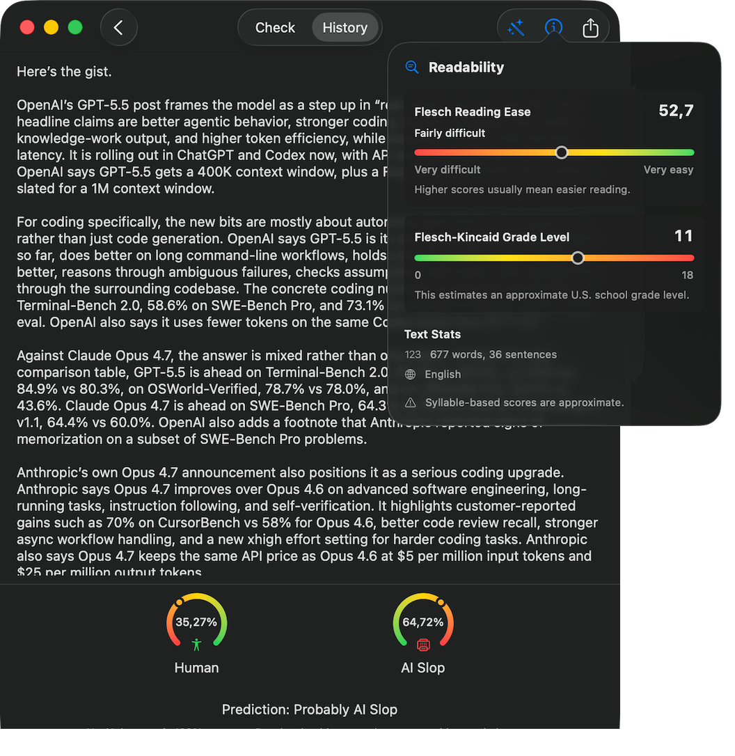 Readability popover on Mac showing Flesch Reading Ease, Flesch-Kincaid Grade Level, and word stats alongside the AI Slop verdict for an English passage.