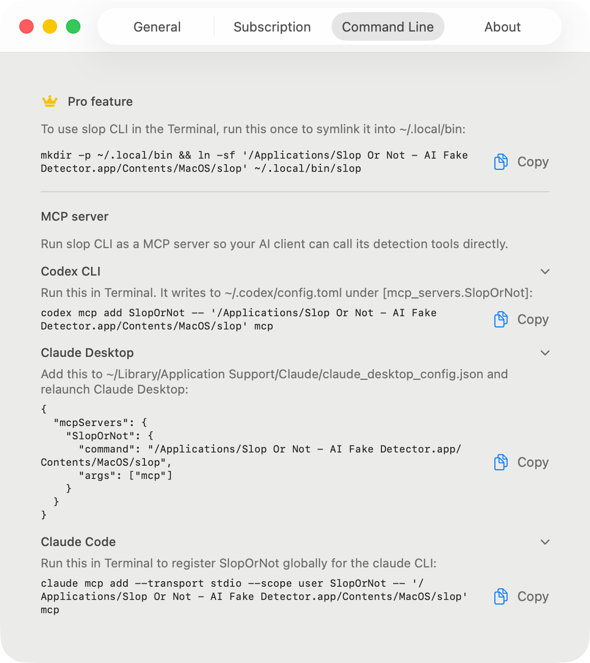 Slop or Not CLI and MCP setup screen on Mac